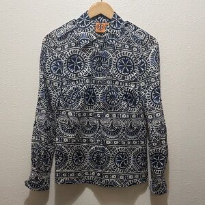 Tory Burch Navy and Cream Geometric Blouse, Size 4